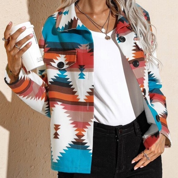 SHEIN Tops - Geo Print Single Breasted Jacket shein Aztec flannel XS western coat​ country​​
